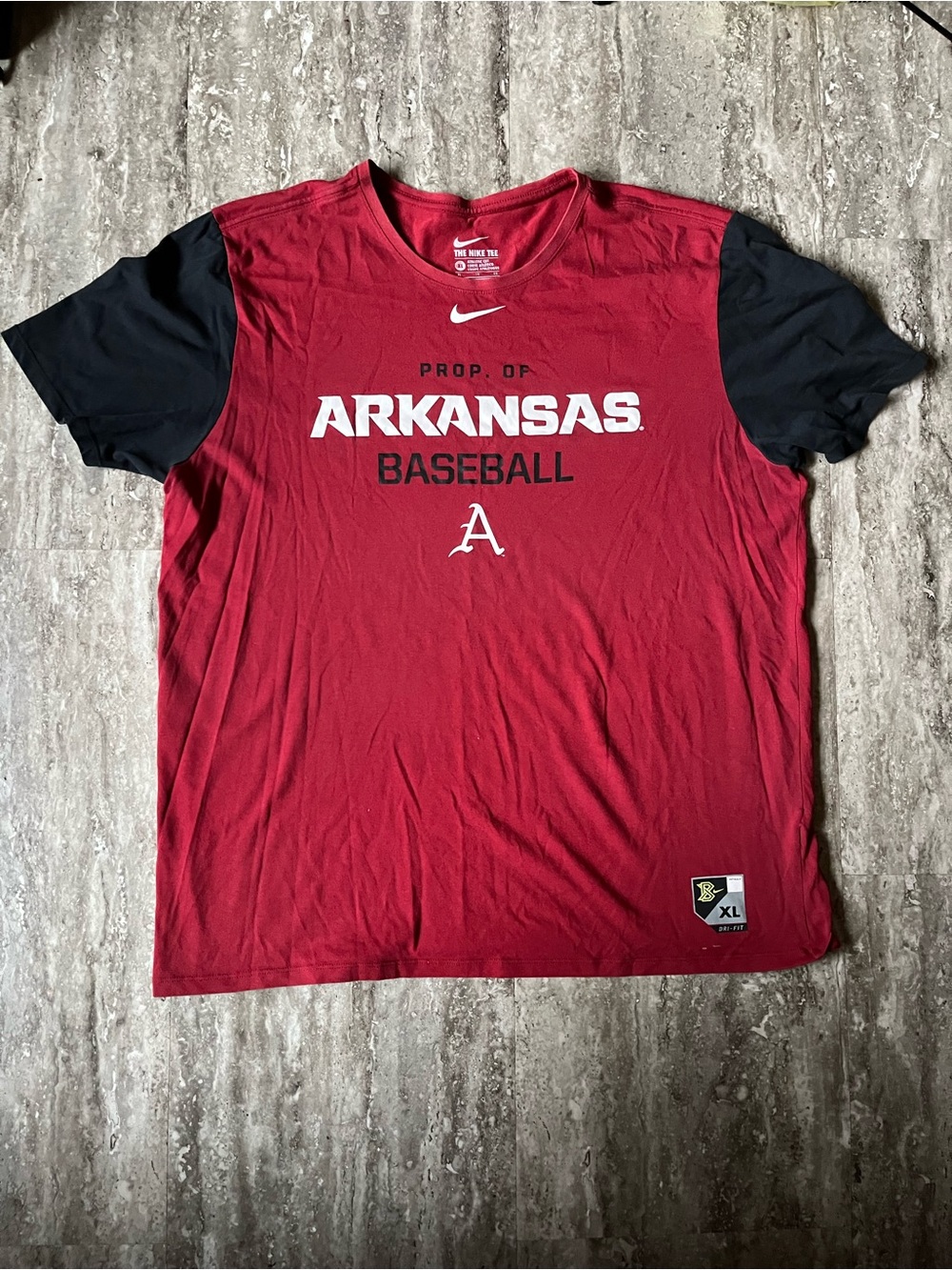 Nike Red Tee with Black Sleeves Arkansas Baseball Logo